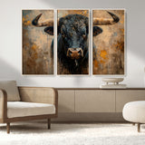 91615410-MGV-FC-48X32-3P_Natural-Bull Wall Art – Rustic Western Longhorn Canvas Print, Powerful Abstract Animal Painting, Farmhouse Ranch Decor for Living Room,