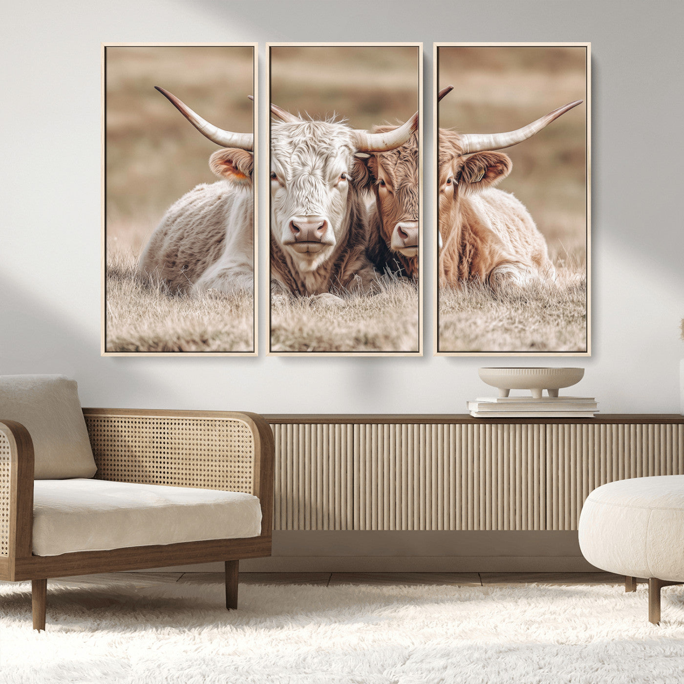38651722-MGV-FC-48X32-3P_Natural-Cow Wall Art – Rustic Longhorn Pair Canvas Print, Western Farmhouse Animal Painting, Country Ranch Decor for Living Room, Bedroom,