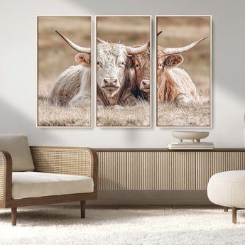 38651722-MGV-FC-48X32-3P_Natural-Cow Wall Art – Rustic Longhorn Pair Canvas Print, Western Farmhouse Animal Painting, Country Ranch Decor for Living Room, Bedroom,