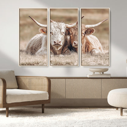 38651722-MGV-FC-48X32-3P_Natural-Cow Wall Art – Rustic Longhorn Pair Canvas Print, Western Farmhouse Animal Painting, Country Ranch Decor for Living Room, Bedroom,