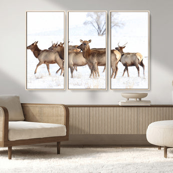 41416314-MGV-CV-36X24-Elk Wall Art – Wildlife Herd Canvas Print in Snowy Landscape, Rustic Nature Painting, Western Cabin Lodge Decor for Living Room,