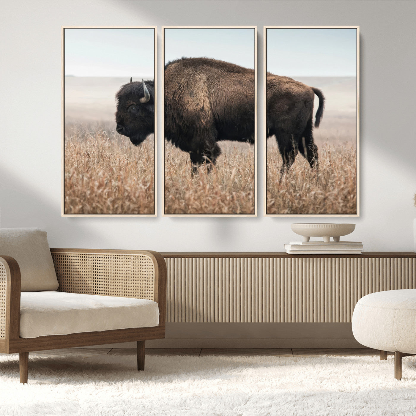 69909079-MGV-FC-48X32-3P_Natural-Bison Wall Art – Majestic Buffalo Canvas Print in Prairie Grasslands, Rustic Western Animal Painting, Farmhouse Ranch Decor for