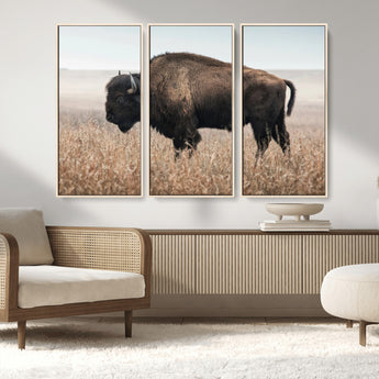 69909079-MGV-FC-48X32-3P_Natural-Bison Wall Art – Majestic Buffalo Canvas Print in Prairie Grasslands, Rustic Western Animal Painting, Farmhouse Ranch Decor for