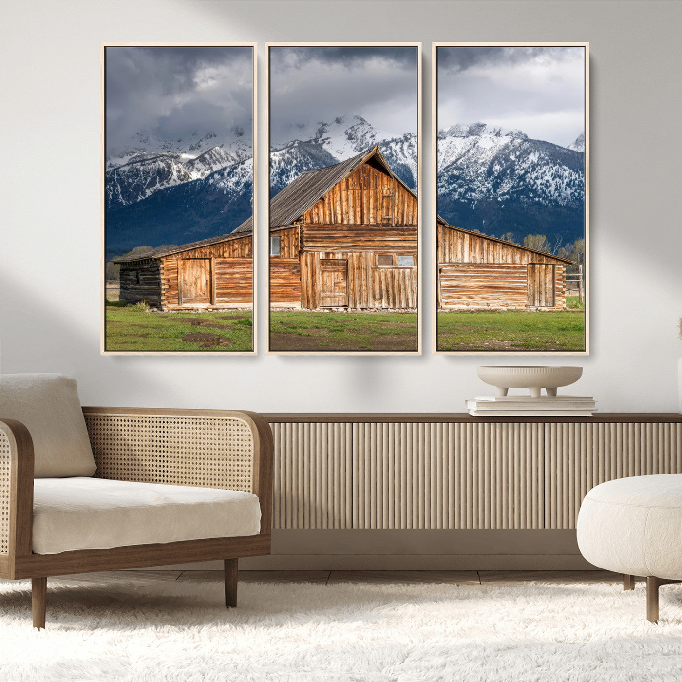 15173627-MGV-CV-36X24-Barn Wall Art – Rustic Wooden Cabin Canvas Print with Snowy Mountain Landscape, Western Farmhouse Country Decor for Living Room,