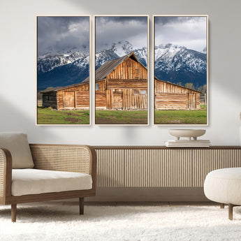 15173627-MGV-CV-36X24-Barn Wall Art – Rustic Wooden Cabin Canvas Print with Snowy Mountain Landscape, Western Farmhouse Country Decor for Living Room,