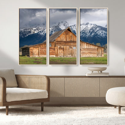 15173627-MGV-CV-36X24-Barn Wall Art – Rustic Wooden Cabin Canvas Print with Snowy Mountain Landscape, Western Farmhouse Country Decor for Living Room,