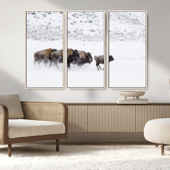 61161423-MGV-FC-48X32-3P_Natural-Running Bison Herd Wall Art – Winter Buffalo Canvas Print, Wildlife Photography Decor for Rustic Living Room, Farmhouse, Lodge,