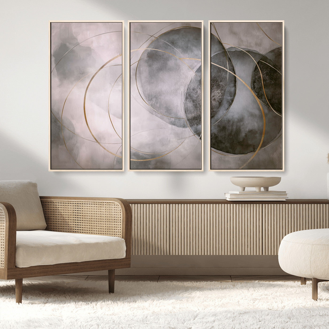 20066876-MGV-FC-48X32-3P_Natural-Neutral Abstract Circle Wall Art – Modern Gray Beige Gold Canvas Print, Minimalist Geometric Painting for Bedroom, Living Room,