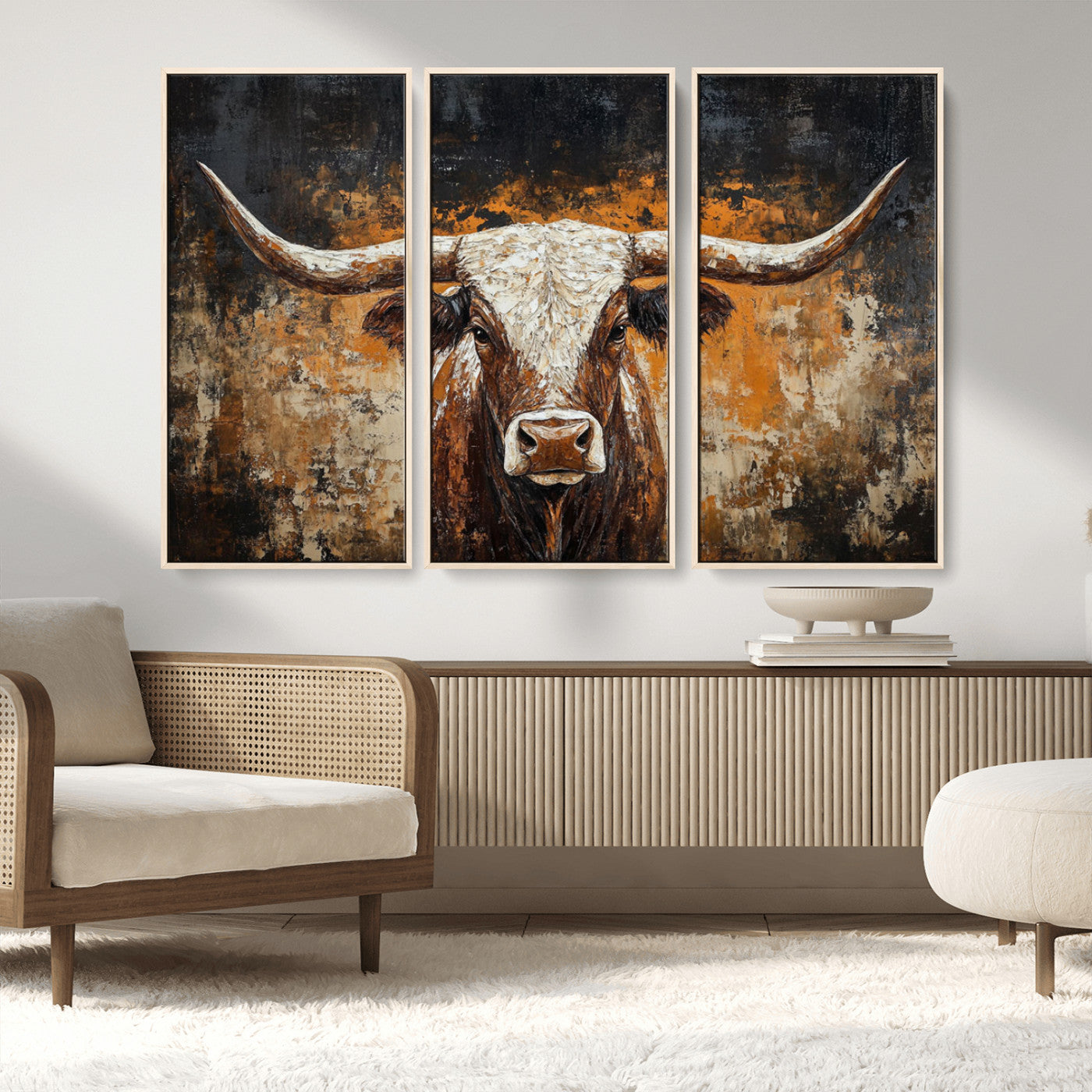 25265572-MGV-FC-48X32-3P_Natural-Longhorn Bull Wall Art – Rustic Western Texas Steer Canvas Print, Textured Animal Painting for Home, Office, Man Cave or Farmhouse