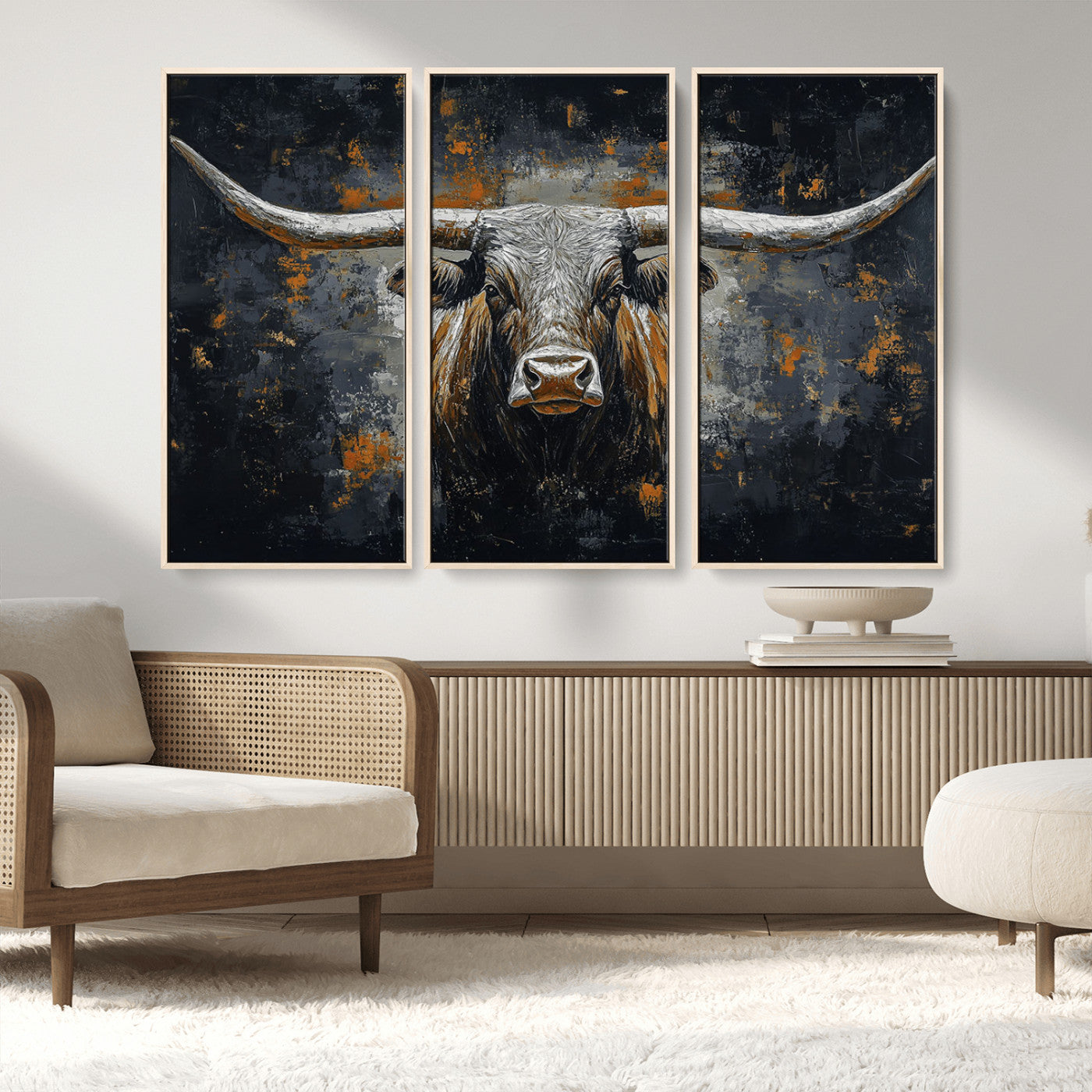 93195031-MGV-FC-48X32-3P_Natural-Dark Longhorn Bull Wall Art – Western Steer Canvas Print, Moody Rustic Animal Painting for Man Cave, Ranch House, Office or Modern