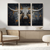 93195031-MGV-FC-48X32-3P_Natural-Dark Longhorn Bull Wall Art – Western Steer Canvas Print, Moody Rustic Animal Painting for Man Cave, Ranch House, Office or Modern