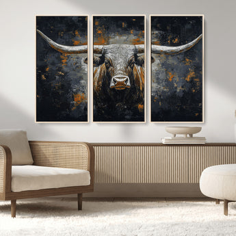93195031-MGV-FC-48X32-3P_Natural-Dark Longhorn Bull Wall Art – Western Steer Canvas Print, Moody Rustic Animal Painting for Man Cave, Ranch House, Office or Modern