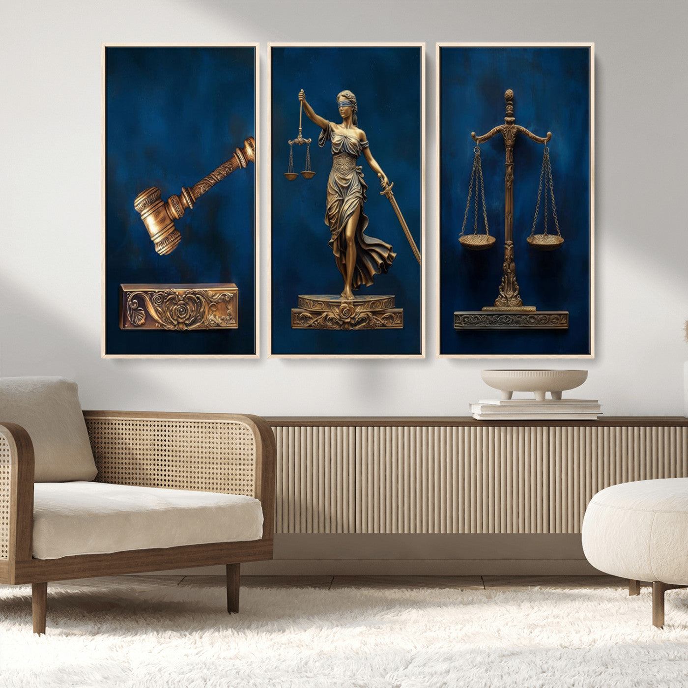 91629053-MGV-CV-36X24-Lady Justice Wall Art – Golden Gavel and Scales Canvas Print, Elegant Legal Office Decor for Lawyers, Judges, Courtroom or Study