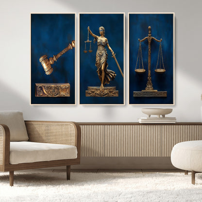 91629053-MGV-CV-36X24-Lady Justice Wall Art – Golden Gavel and Scales Canvas Print, Elegant Legal Office Decor for Lawyers, Judges, Courtroom or Study
