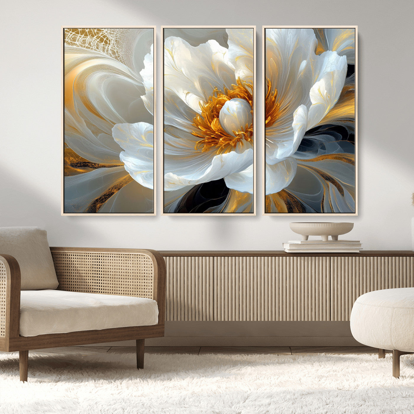 39604126-MGV-CV-36X24-Abstract Flower Wall Art – Elegant White and Gold Bloom Canvas Print, Modern Floral Artwork for Bedroom, Living Room, or Office
