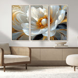 39604126-MGV-CV-36X24-Abstract Flower Wall Art – Elegant White and Gold Bloom Canvas Print, Modern Floral Artwork for Bedroom, Living Room, or Office