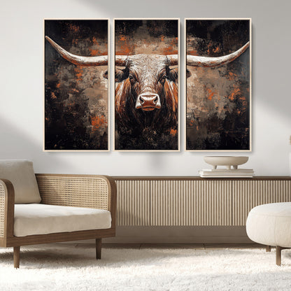 24779067-MGV-FC-48X32-3P_Natural-Longhorn Bull Wall Art – Western Rustic Canvas Print, Bold Cowboy Cattle Painting for Ranch House, Farmhouse, Office, or Living