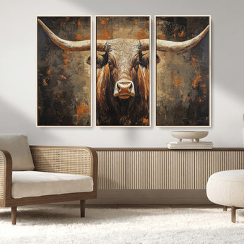 19204445-MGV-CV-36X24-Texas Longhorn Bull Wall Art – Rustic Western Canvas Print, Bold Cowboy Cattle Painting for Ranch House, Farmhouse, Office, or