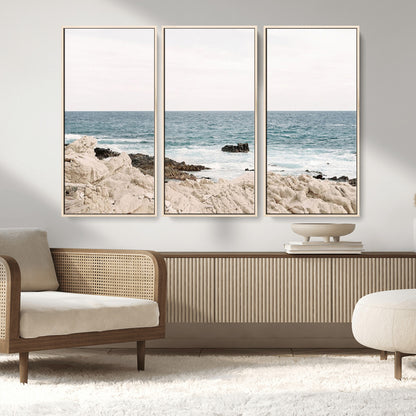 25481980-MGV-FC-48X32-3P_Natural-Ocean Coastal Wall Art – Rocky Shoreline and Waves Canvas Print, Serene Beach Landscape Decor for Living Room, Bedroom, or Office