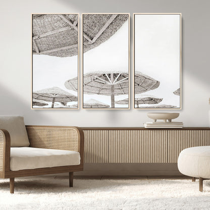 97043123-MGV-FC-48X32-3P_Natural-Beach Umbrella Wall Art – Minimalist Coastal Canvas Print, Woven Parasol Summer Decor for Bedroom, Living Room, or Modern Beach