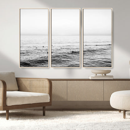 47208268-MGV-CV-36X24-Surfer Ocean Wall Art – Black and White Coastal Canvas Print, Minimalist Surfing Seascape Decor for Living Room, Bedroom, or Beach