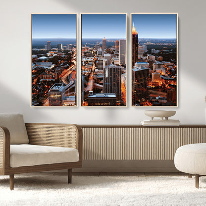 25096967-MGV-FC-48X32-3P_Natural-Atlanta Skyline Wall Art – Vibrant Cityscape Canvas Print, Modern Night Lights Urban Decor for Office, Living Room, or Apartment