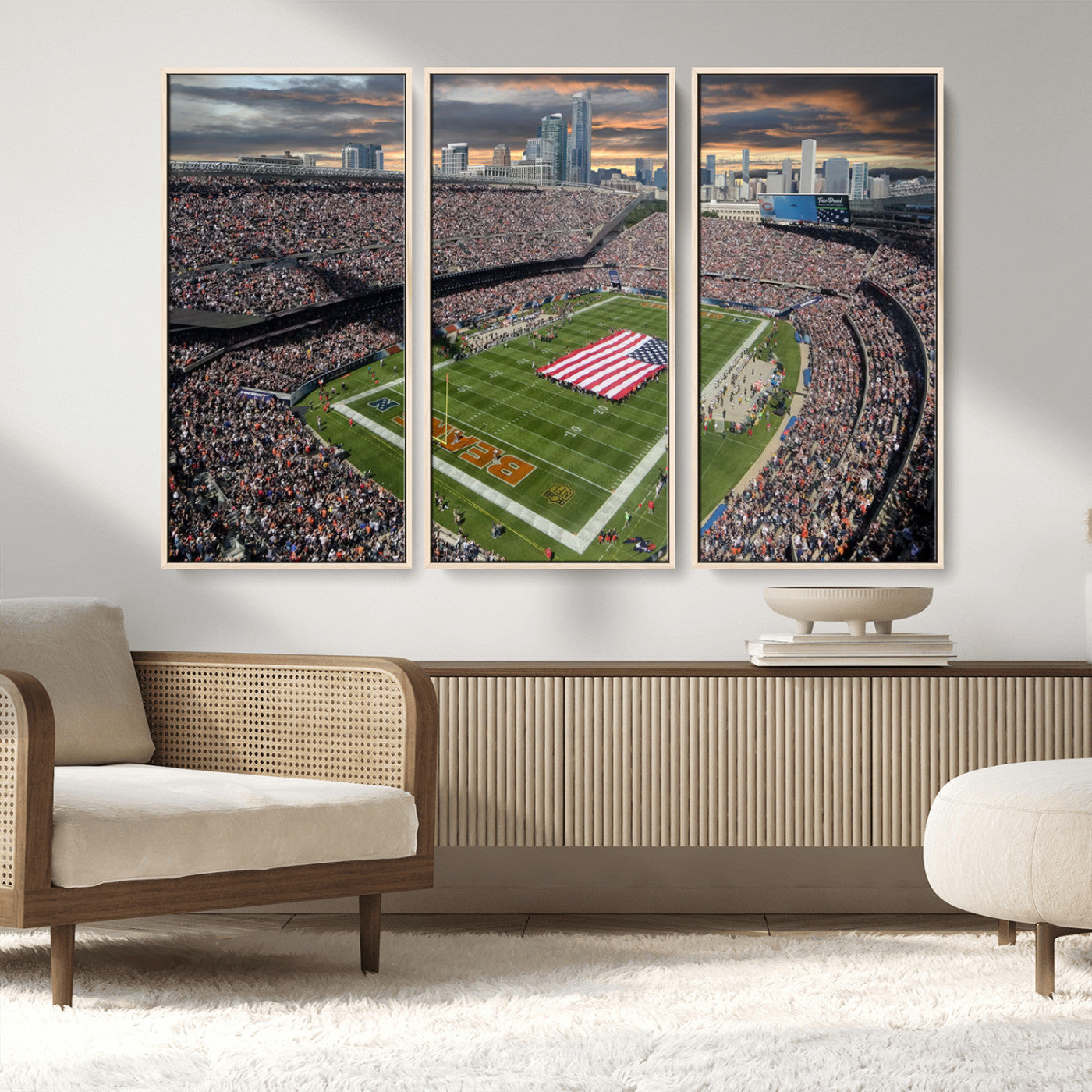 98106777-MGV-FC-48X32-3P_Natural-Soldier Field Wall Art – Chicago Bears Stadium Canvas Print with American Flag, Game Day Football Decor for Man Cave, Bar, or