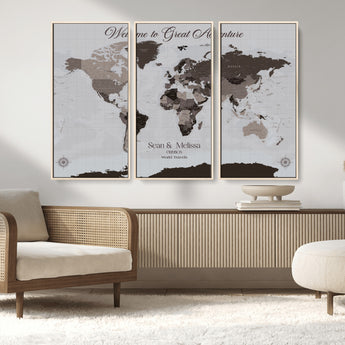 43749658-MGV-CV-36X24-Welcome to Great Adventure World Map Wall Art – Charcoal Gray Canvas Print, Rustic Travel Decor for Living Room, Study, Office or