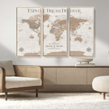 63516865-MGV-FC-48X32-3P_Natural-Explore Dream Discover World Map Wall Art – Inspirational Travel Adventure Canvas Print, Neutral Parchment Style Explorer Decor