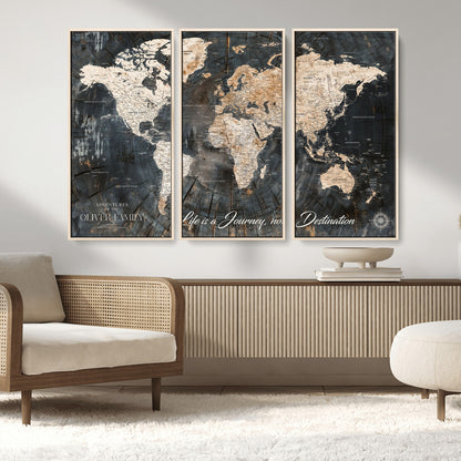 37848568-MGV-FC-48X32-3P_Natural-Life is a Journey Not a Destination World Map Rustic Wood Texture Vintage Beige Navy Adventure Wall Art Canvas Print for Home