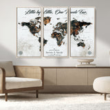 88337180-MGV-FC-48X32-3P_Natural-Little by Little One Travels Far Tolkien Quote World Map Rustic Black Brown Adventure Wall Art Canvas Print for Home Office Living