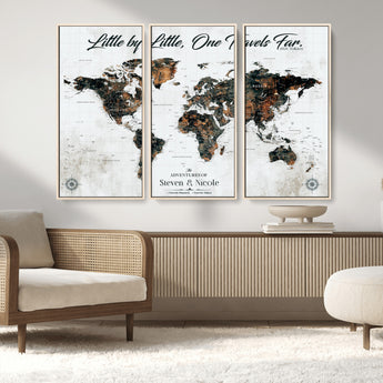 88337180-MGV-FC-48X32-3P_Natural-Little by Little One Travels Far Tolkien Quote World Map Rustic Black Brown Adventure Wall Art Canvas Print for Home Office Living