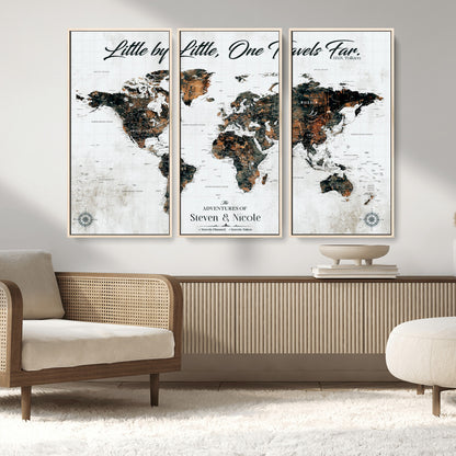 88337180-MGV-FC-48X32-3P_Natural-Little by Little One Travels Far Tolkien Quote World Map Rustic Black Brown Adventure Wall Art Canvas Print for Home Office Living