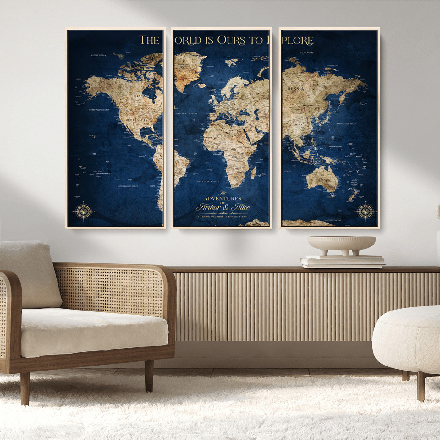 54782997-MGV-FC-48X32-3P_Natural-The World is Ours to Explore Wall Art – Blue World Map Canvas Print, Adventure Travel Decor for Home, Office or Living Room,