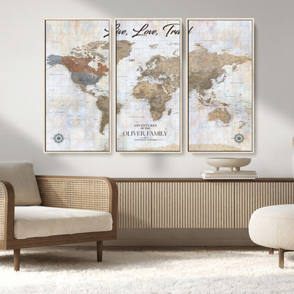 43924907-MGV-FC-48X32-3P_Natural-Live Love Travel Wall Art – Neutral World Map Canvas Print, Rustic Adventure Decor for Home, Office or Living Room, Unique Gift