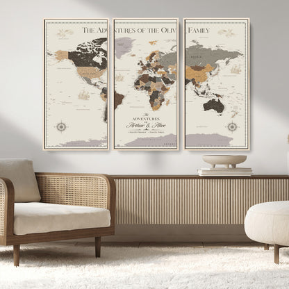 38723540-MGV-CV-36X24-Adventures of the Oliver Family Wall Art – Earth Tone World Map Canvas Print, Minimalist Travel Decor for Living Room, Bedroom or