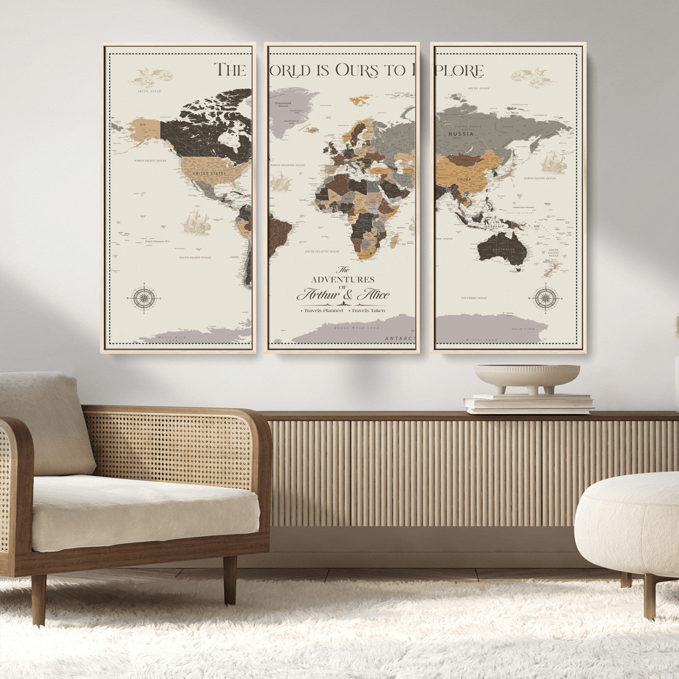 90024882-MGV-CV-36X24-The World is Ours to Explore Wall Art – Earth Tone World Map Canvas Print, Adventure Travel Decor for Living Room, Office or