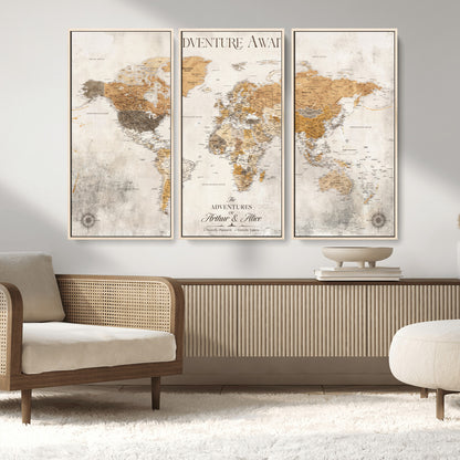 99422096-MGV-FC-48X32-3P_Natural-Adventure Awaits World Map Wall Art – Neutral Beige Canvas Print, Modern Travel Inspired Wall Decor for Living Room, Bedroom or