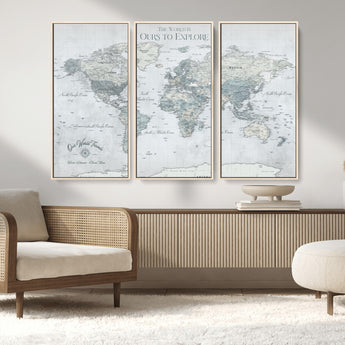 94249974-MGV-CV-36X24-Ours Explore World Map Wall Art – Modern Travel Canvas Print, Neutral Adventure Decor for Living Room, Office, Study, Bedroom,
