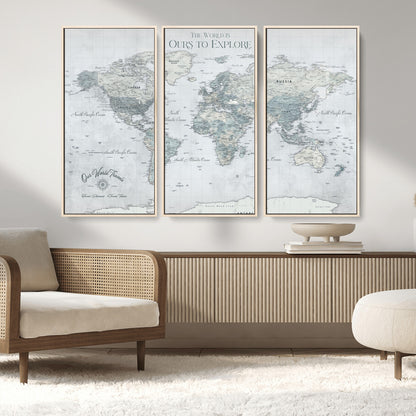 94249974-MGV-CV-36X24-Ours Explore World Map Wall Art – Modern Travel Canvas Print, Neutral Adventure Decor for Living Room, Office, Study, Bedroom,