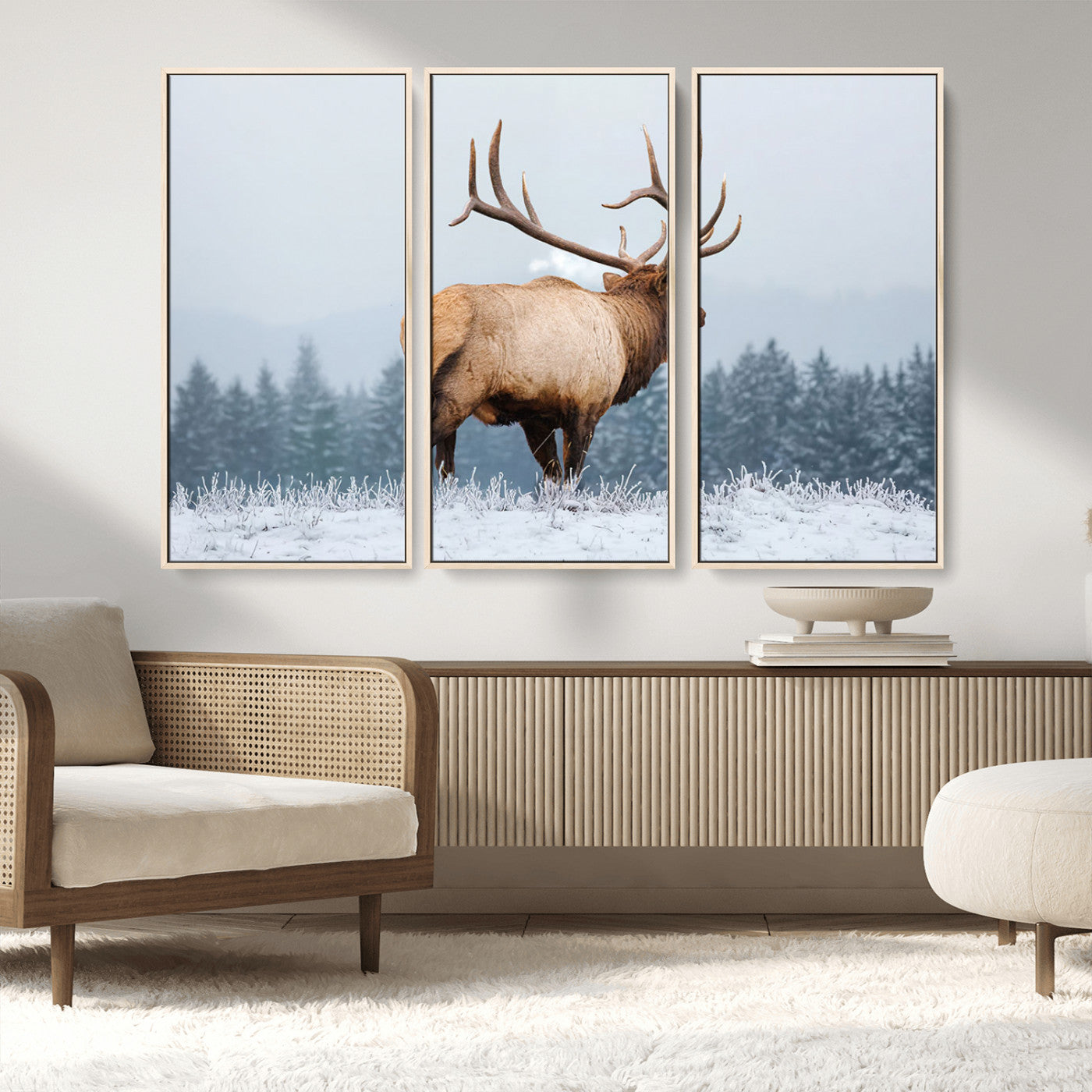 85177251-MGV-FC-48X32-3P_Natural-Elk Wall Art – Majestic Wildlife Canvas Print of Bull Elk Snowy Forest, Rustic Nature Decor for Living Room, Cabin, or Office