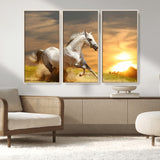 44295212-MGV-CV-36X24-Horse Wall Art – Running White Stallion Canvas Print with Sunset Background, Western Wildlife Decor for Living Room, Office, or