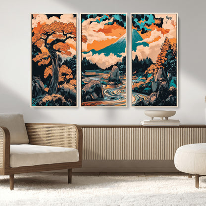 21638941-MGV-CV-36X24-Japanese Landscape Wall Art – Mount Fuji and Flowing River Ukiyo-e Style Canvas Print, Traditional Japan Inspired Artwork for