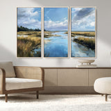 87082041-MGV-FC-48X32-3P_Natural-Marshland Landscape Wall Art – Serene Nature Canvas Print with Blue Sky and Reflections, Tranquil Scenic Painting for Living Room,