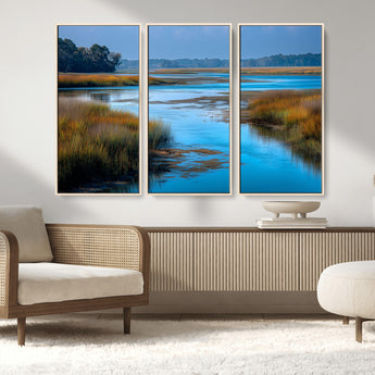 26300004-MGV-CV-36X24-Tranquil Marshland Canvas Wall Art – Blue Water, Reflective Sky, Golden Grasses, Calm Nature Landscape, Scenic Outdoor Beauty for
