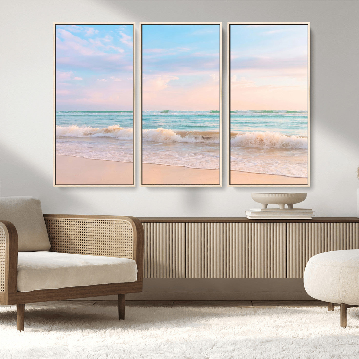 88024944-MGV-FC-48X32-3P_Natural-Beach Landscape Wall Art – Coastal Ocean Canvas Print with Gentle Waves and Pastel Sky, Serene Seascape Photography for Living
