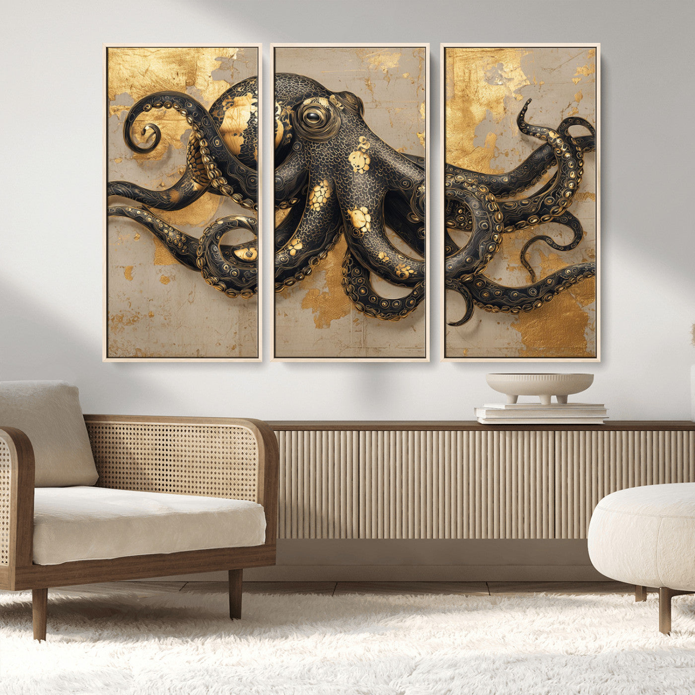 57944271-MGV-FC-48X32-3P_Natural-Octopus Wall Art – Black and Gold Nautical Canvas Print, Modern Ocean Inspired Artwork with Elegant Detailing, Coastal Marine