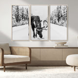 38956835-MGV-CV-36X24-Moose Wall Art – Black and White Wildlife Canvas Print with Snowy Forest Road, Rustic Nature Photography for Cabin, Lodge, Living