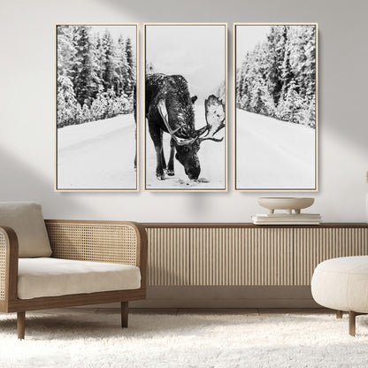 38956835-MGV-CV-36X24-Moose Wall Art – Black and White Wildlife Canvas Print with Snowy Forest Road, Rustic Nature Photography for Cabin, Lodge, Living