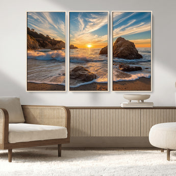 85659923-MGV-CV-36X24-Rocky Ocean Sunset Canvas Wall Art – Seaside Dramatic Seascape Print, Coastal Modern Decor, Ocean Sunset Art for Living Room or